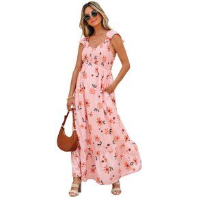 🌸 NWT Pink Floral V-Neck Smocked Maxi Dress – Size L | Feminine & Flowy